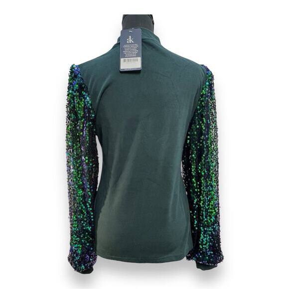 ANNA-KACI ๐Green mock turtleneck long sheer puff sleeve purple sequins NWT SZ M - Picture 6 of 12